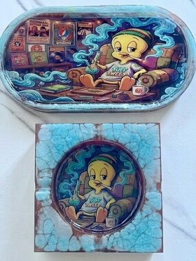 Tweety Bird Stoner Ashtray & Tray Set Cartoon Collectible Decor Stoner Tunes